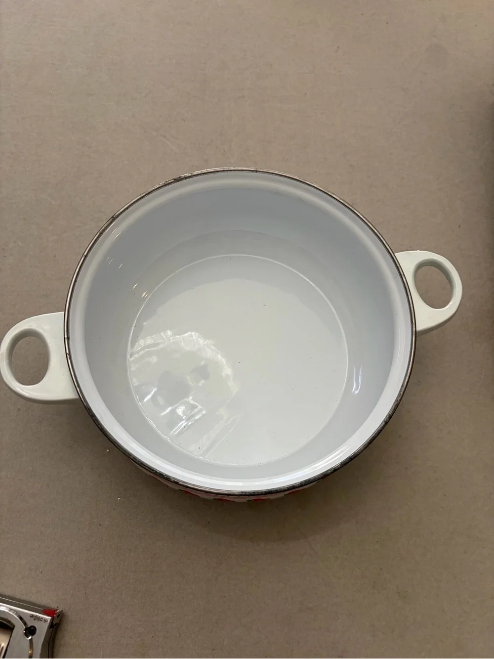 White Enamel  Bowl with Red Strawberry Motif